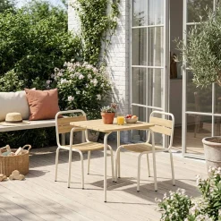 Kindertuintafel van staal en houtdecor met 2 stoelen