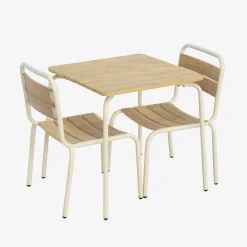 Kindertuintafel van staal en houtdecor met 2 stoelen