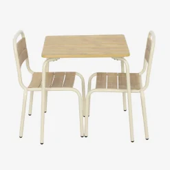 Kindertuintafel van staal en houtdecor met 2 stoelen
