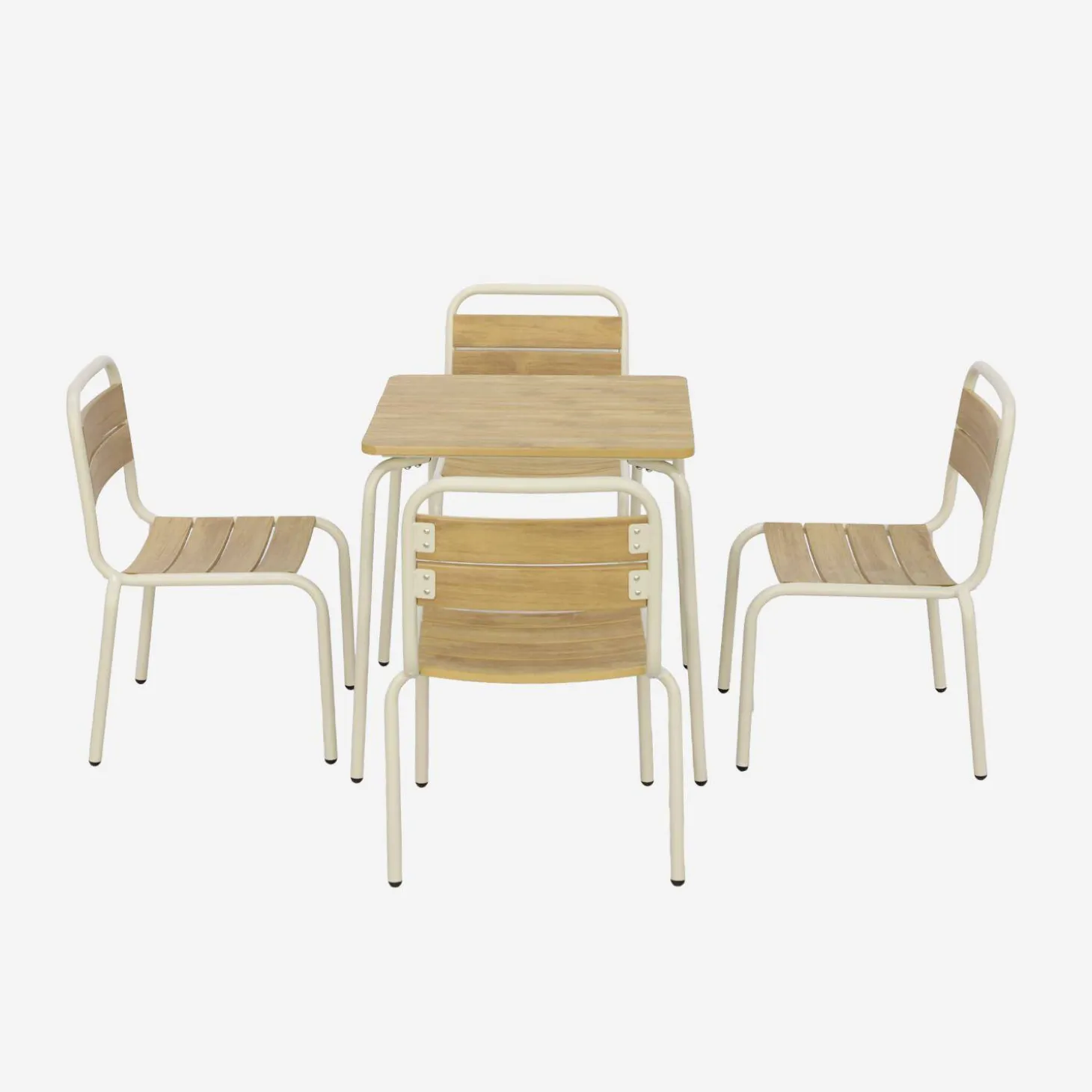 Kindertuintafel van staal en houtdecor met 4 stoelen