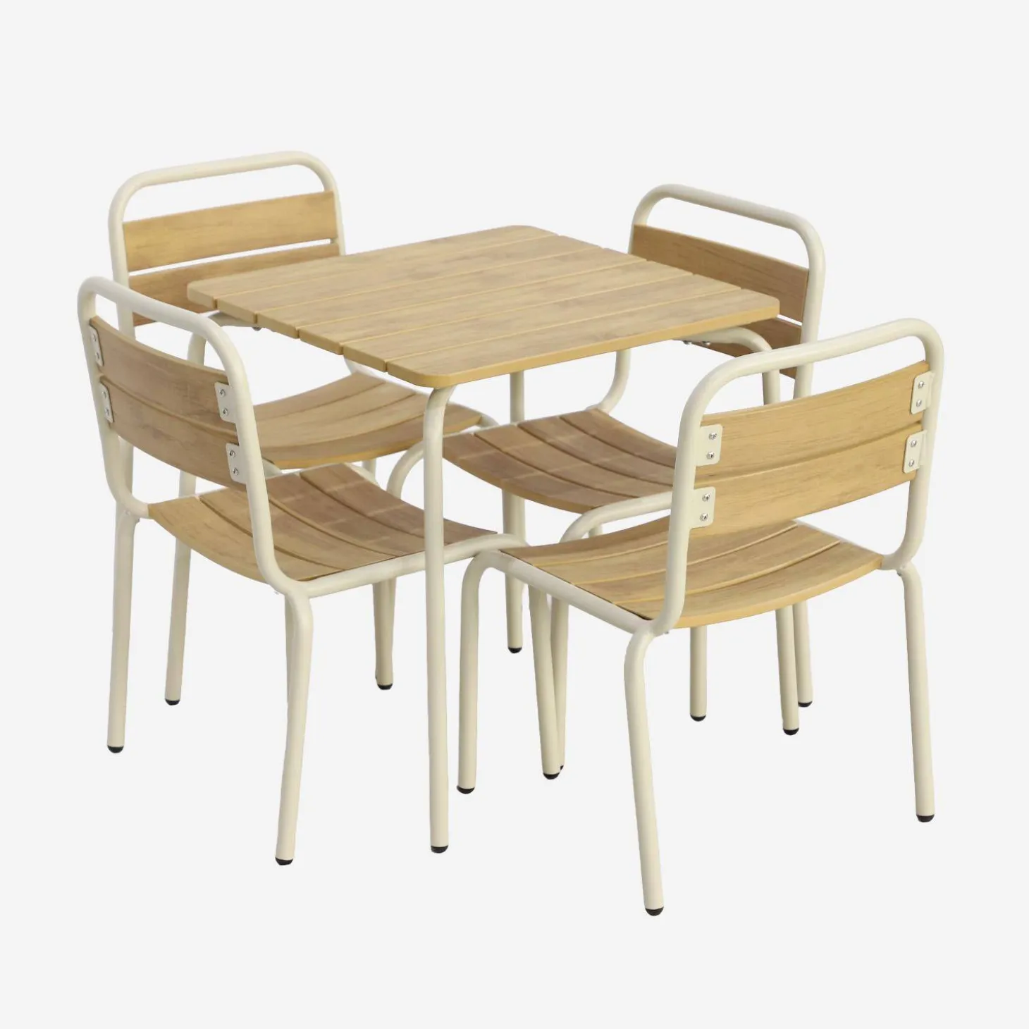 Kindertuintafel van staal en houtdecor met 4 stoelen