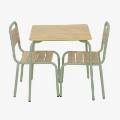 Kindertuintafel van staal en houtdecor met 2 stoelen