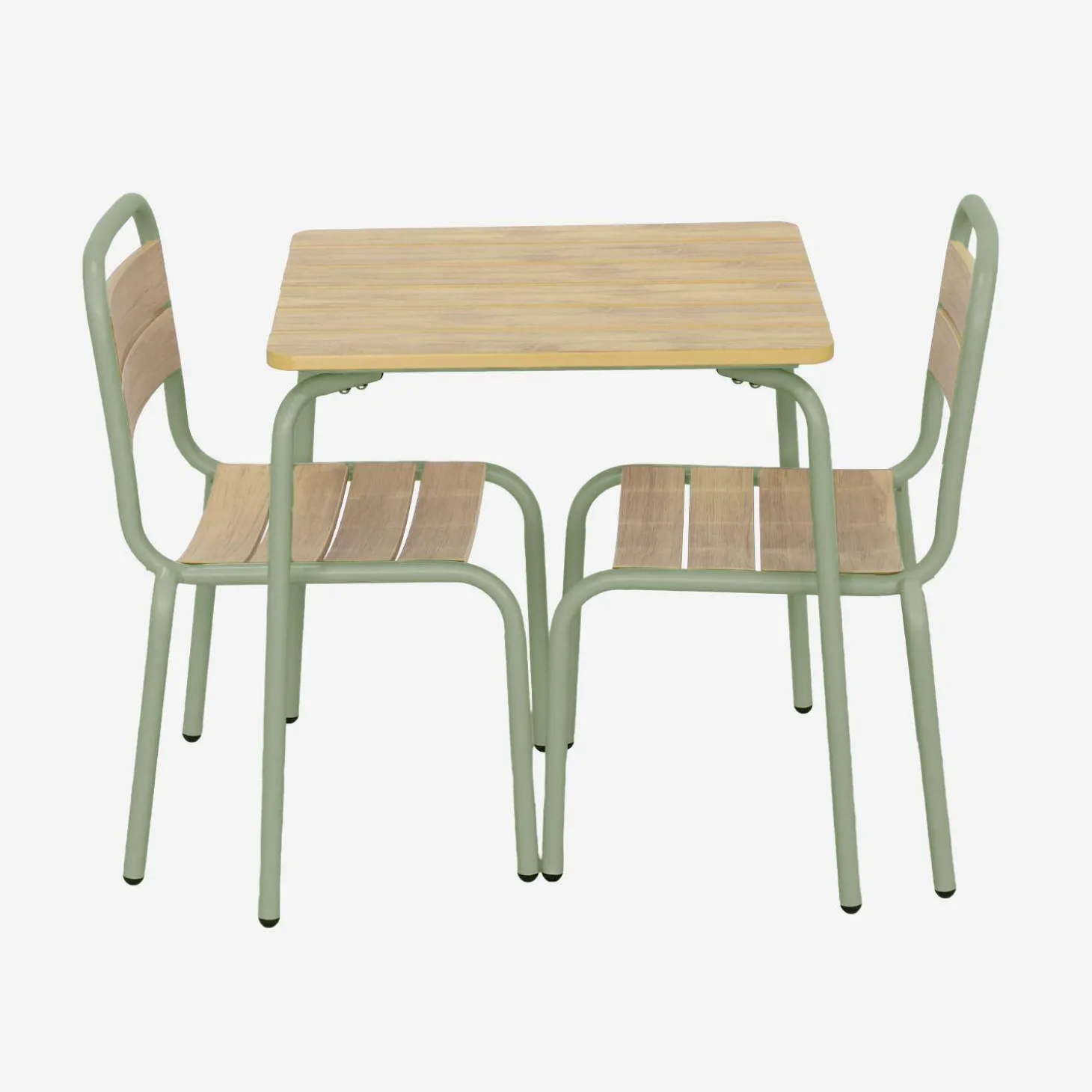 Kindertuintafel van staal en houtdecor met 2 stoelen