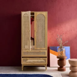 Kledingkast houteffect en rotan 2 deuren en 2 lades 80cm
