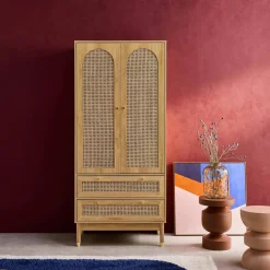 Kledingkast houteffect en rotan 2 deuren en 2 lades 80cm