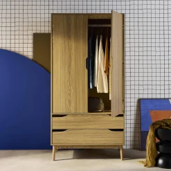 Kledingkast met 2 deuren 2 lades hangruimte houtdecor 90cm