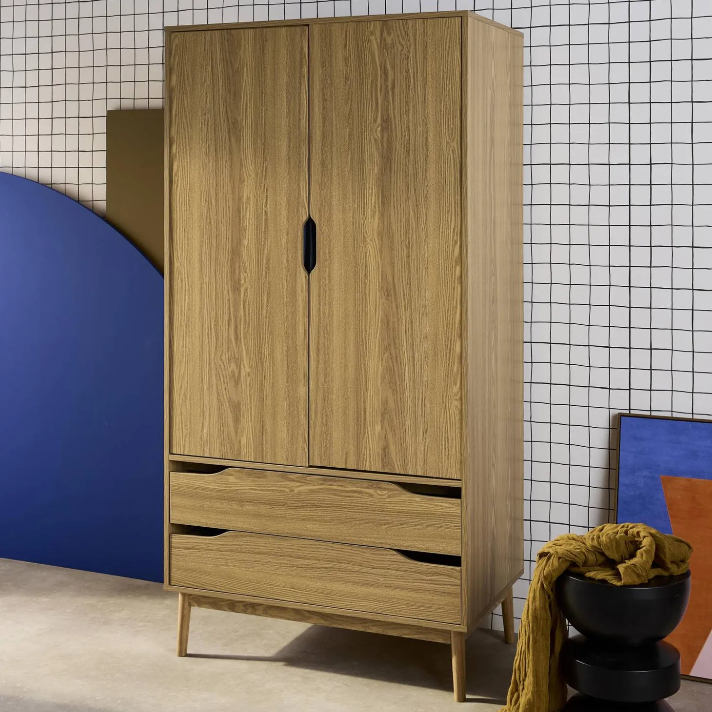 Kledingkast met 2 deuren 2 lades hangruimte houtdecor 90cm