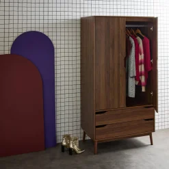Kledingkast met 2 deuren 2 lades hangruimte houtdecor 90cm