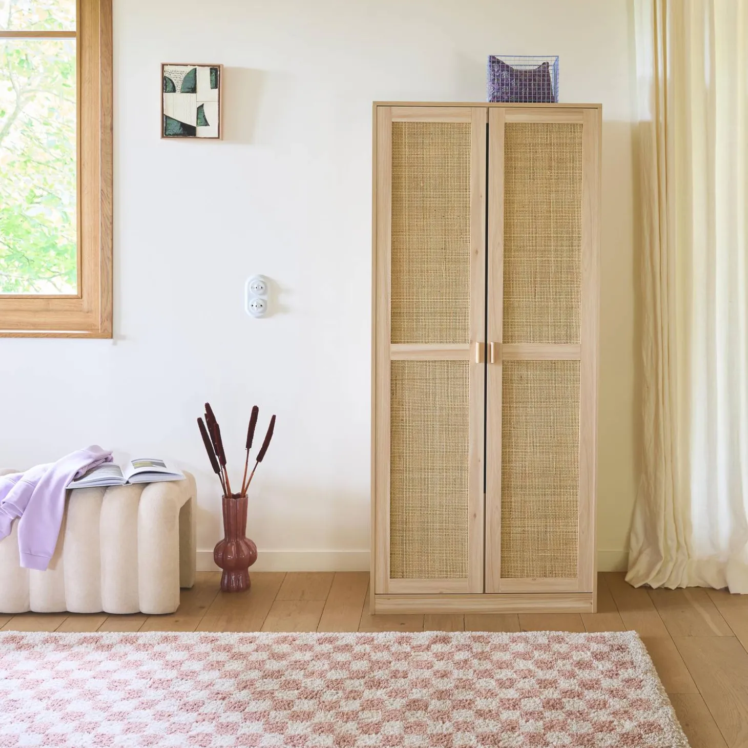 Kledingkast met 2 deuren rotan en houteffect 80cm