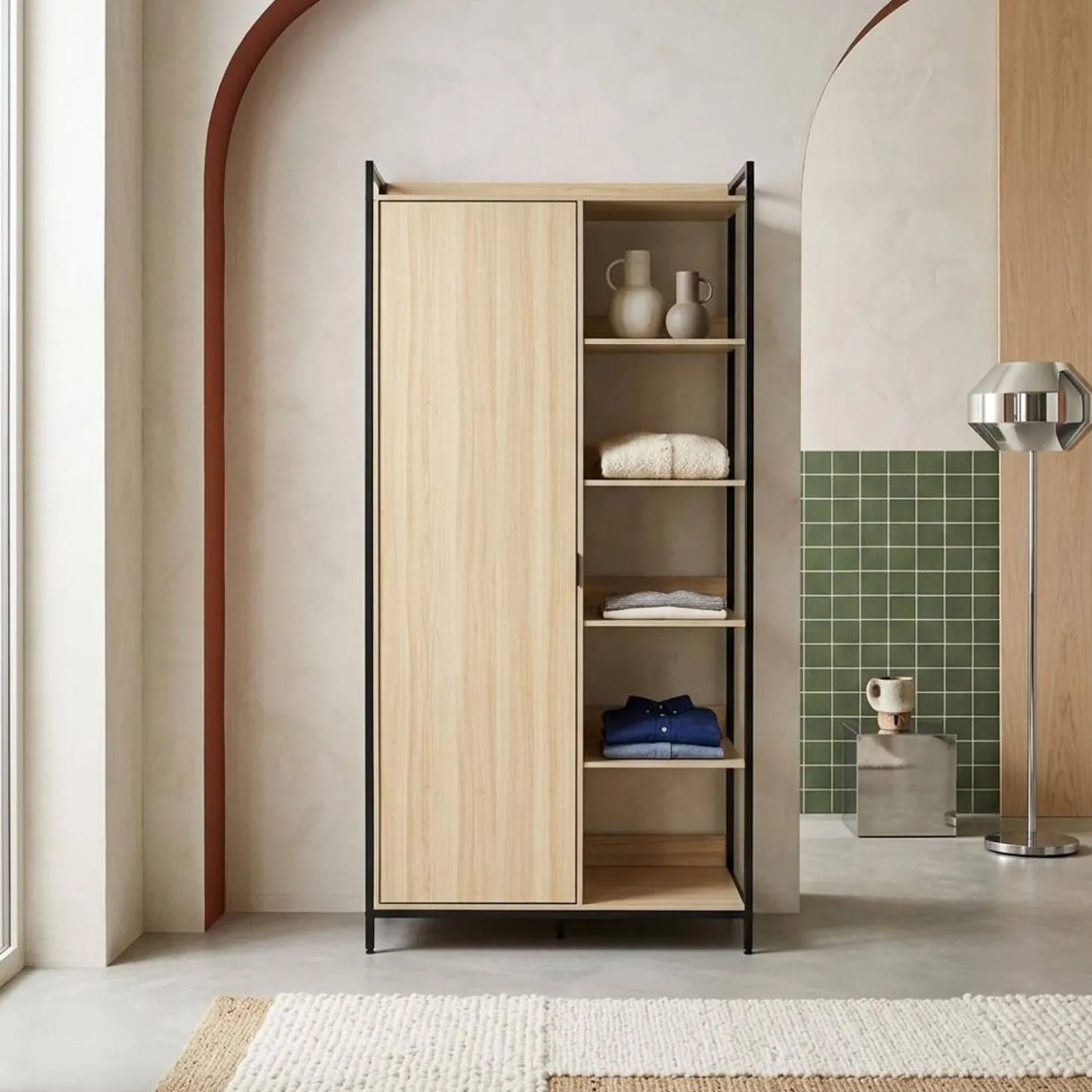 Kledingkast module met 1 deur hangruimte en planken 100cm