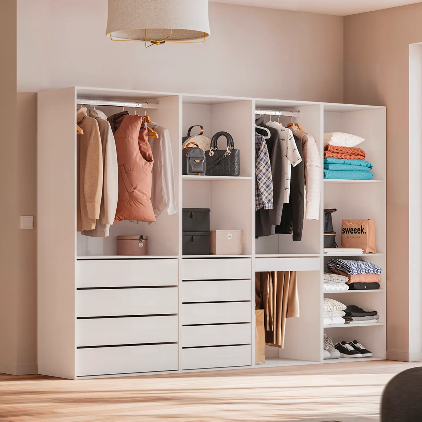 Kledingkast 4 modules modulair 9 lades hangruimtes en vakken