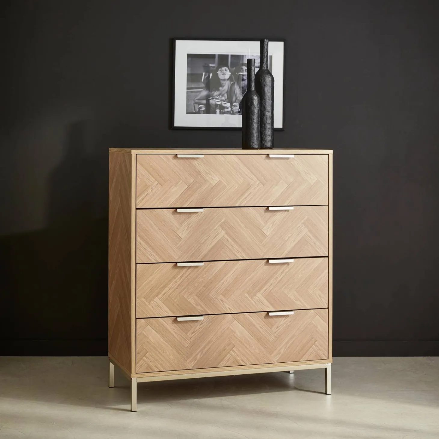Ladekast 4 lades houtdecor visgraatmotief 80cm