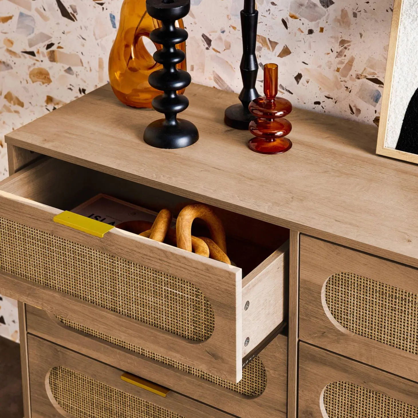 Ladekast 6 lades houtlook en rotan 120cm