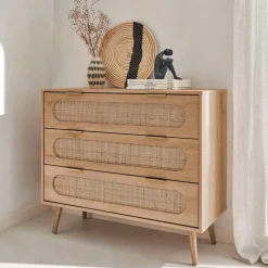 Ladekast 3 lades houtlook en rotan 90cm
