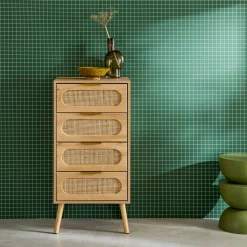 Ladekast 4 lades houtlook en rotan 48cm