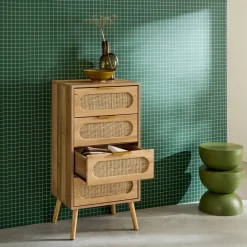 Ladekast 4 lades houtlook en rotan 48cm