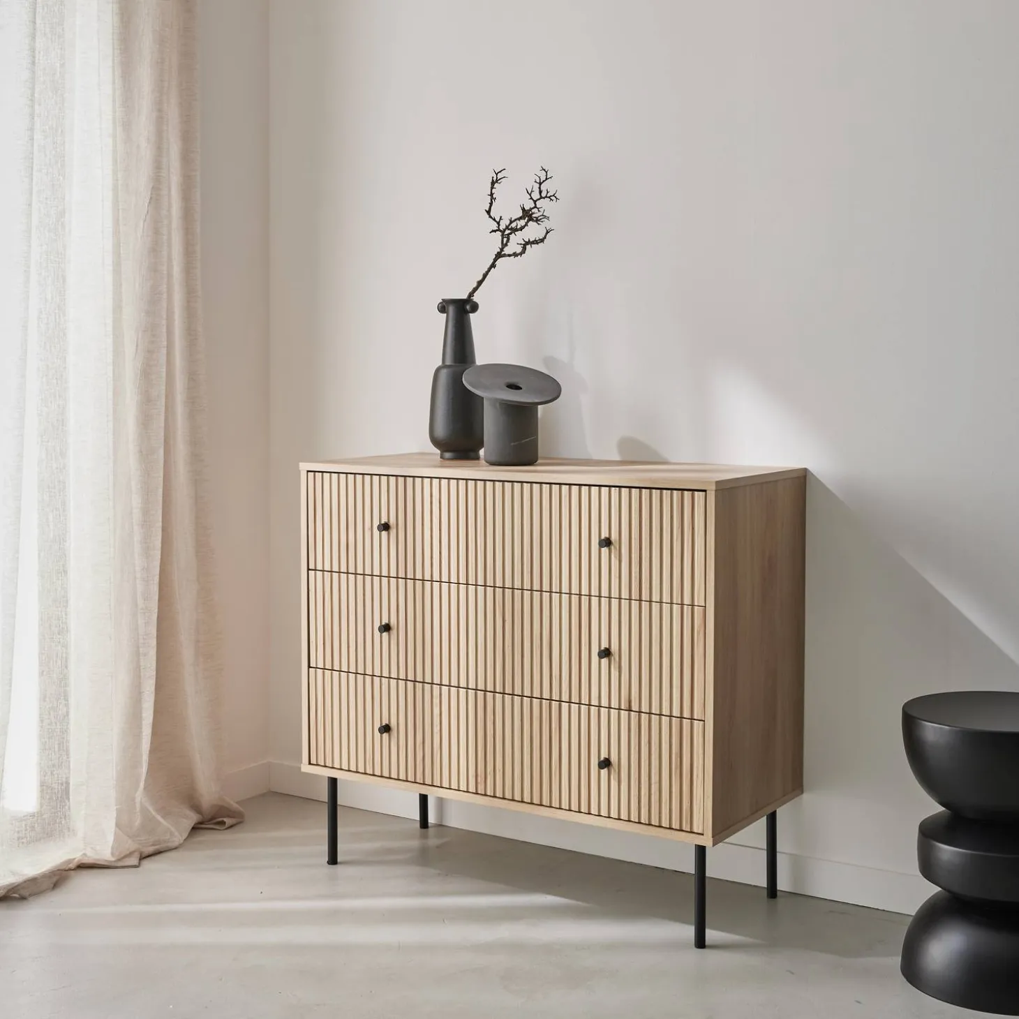Ladekast met 3 lades gegroefd houtdecor 90cm