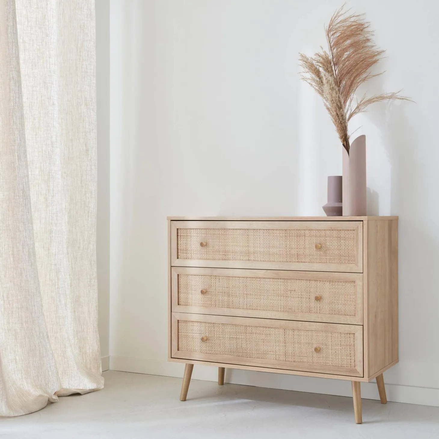 Ladekast met 3 lades houtdecor en rotan 90cm