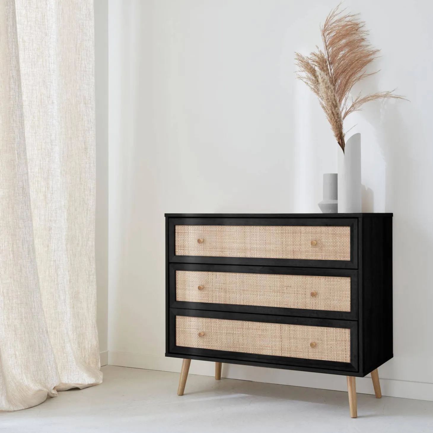 Ladekast met 3 lades houtdecor en rotan 90cm