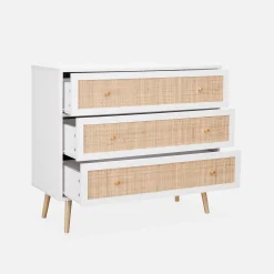 Ladekast met 3 lades houtdecor en rotan 90cm