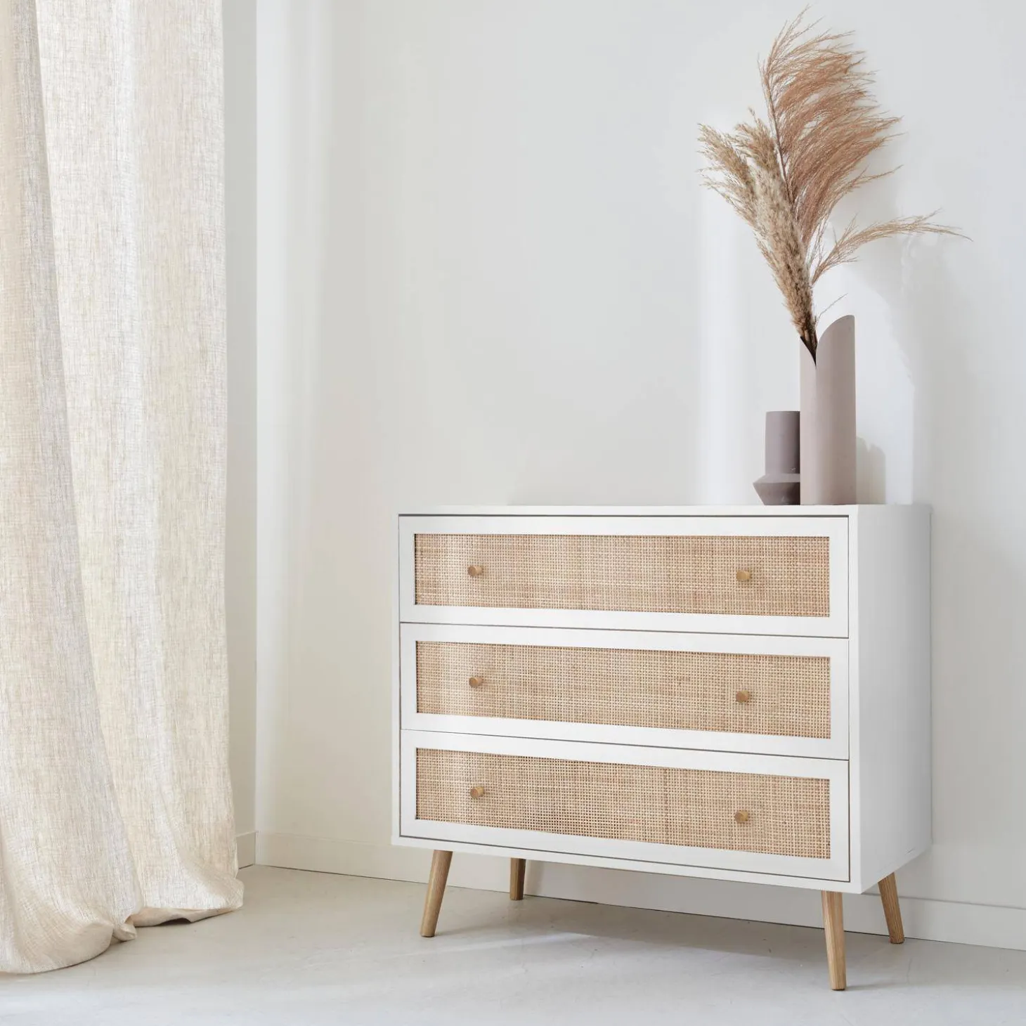 Ladekast met 3 lades houtdecor en rotan 90cm