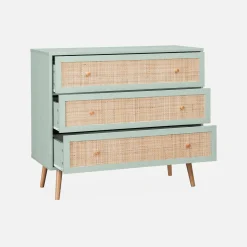 Ladekast met 3 lades houtdecor en rotan 90cm