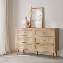 Ladekast met 6 lades houtdecor en rotan 120cm