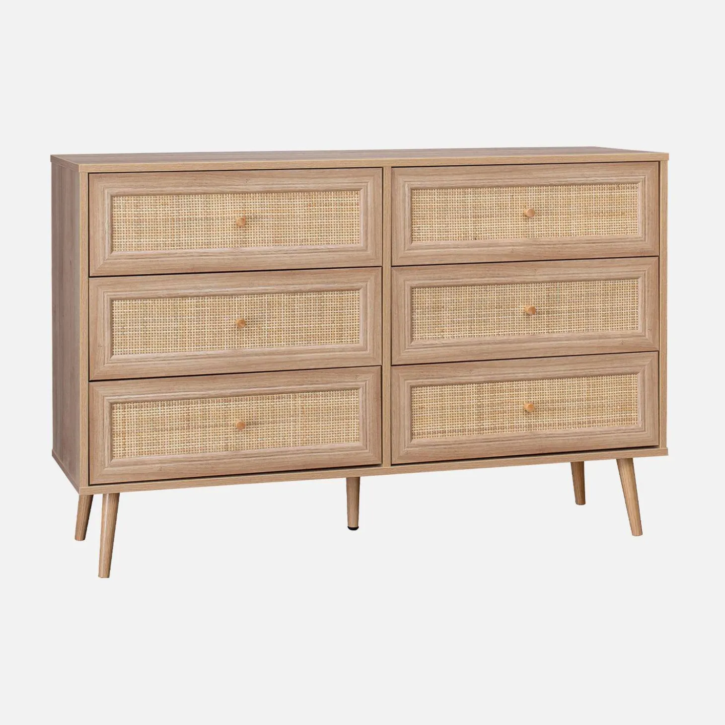 Ladekast met 6 lades houtdecor en rotan 120cm