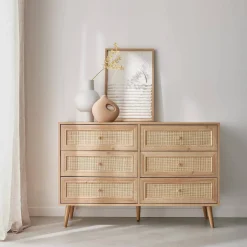 Ladekast met 6 lades houtdecor en rotan 120cm