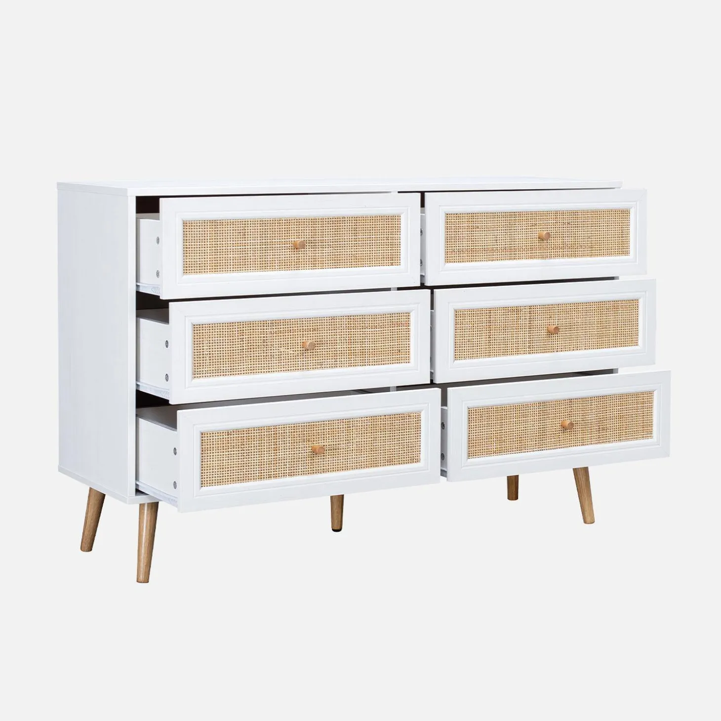 Ladekast met 6 lades houtdecor en rotan 120cm