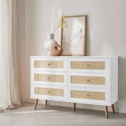 Ladekast met 6 lades houtdecor en rotan 120cm