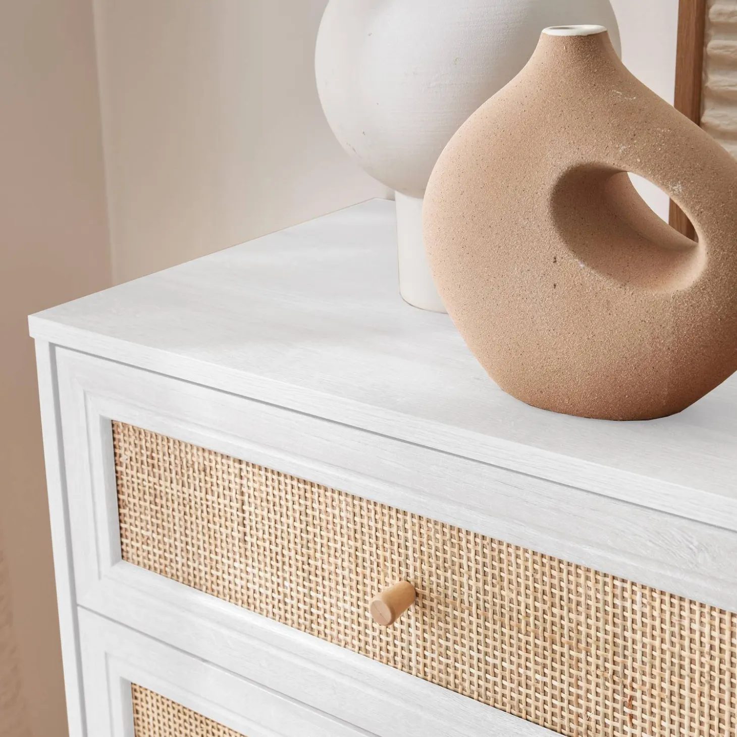 Ladekast met 6 lades houtdecor en rotan 120cm