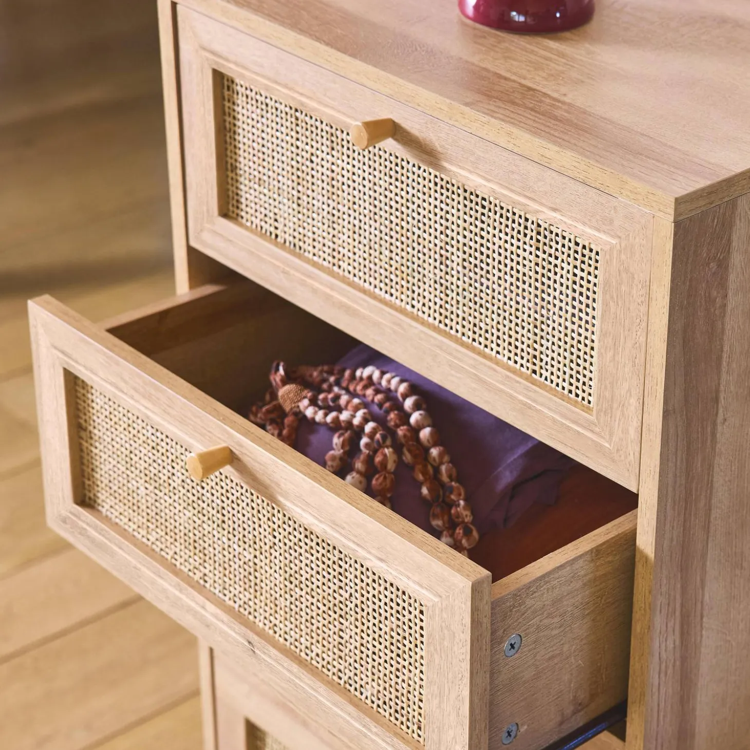 Ladekast met 4 lades houtdecor en rotan 48cm