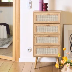 Ladekast met 4 lades houtdecor en rotan 48cm