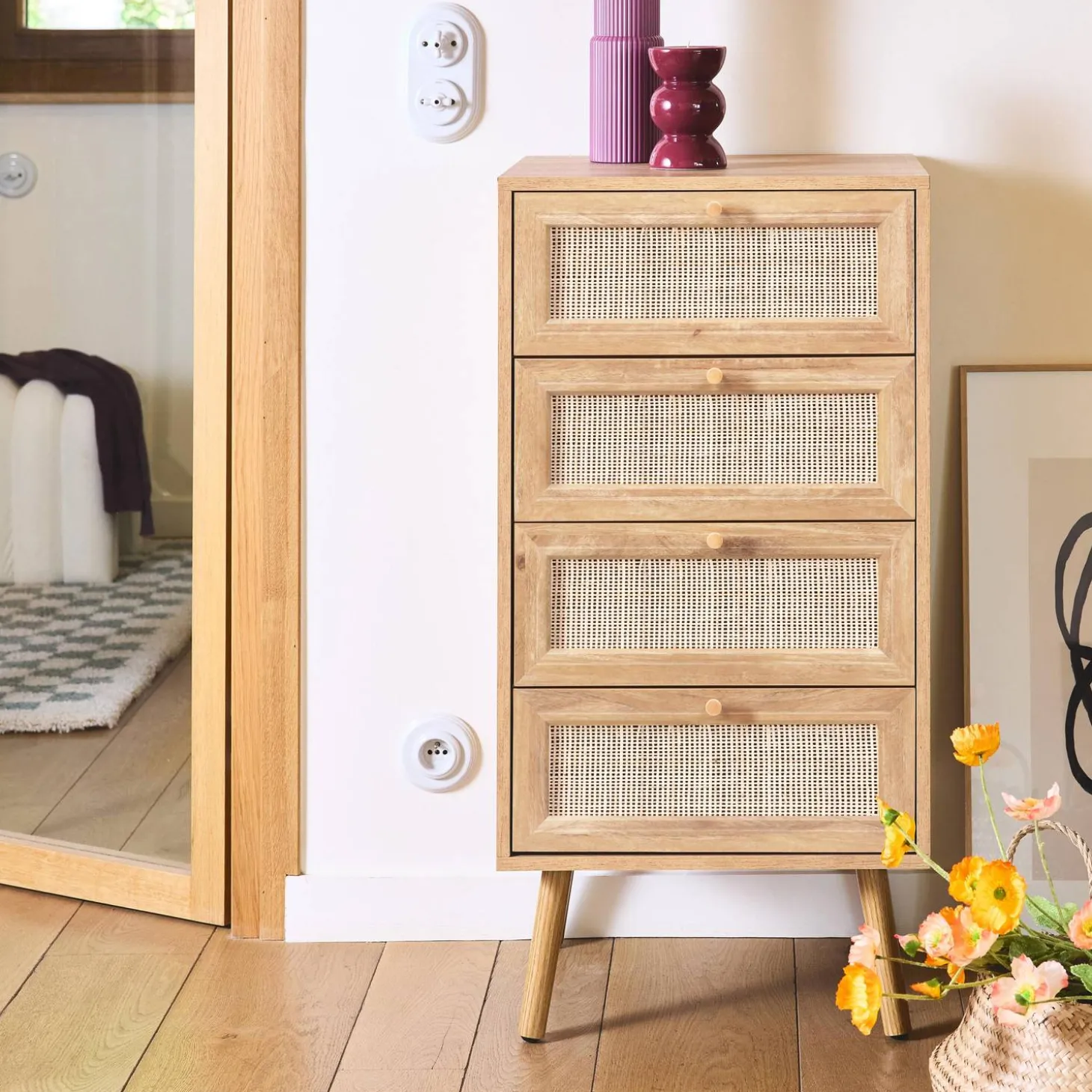 Ladekast met 4 lades houtdecor en rotan 48cm