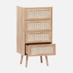 Ladekast met 4 lades houtdecor en rotan 48cm