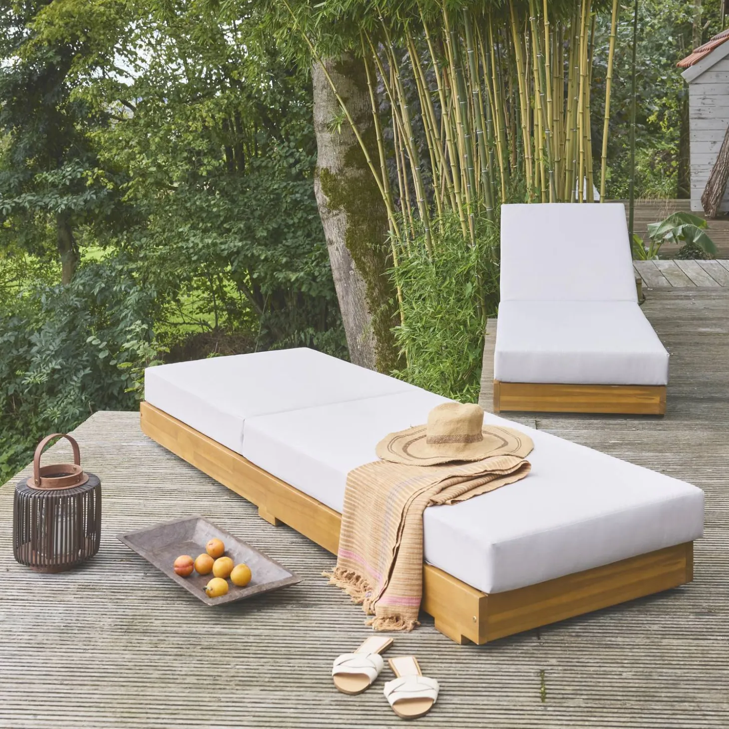 Ligstoelen met meerdere standen en wieltjes acaciahout (set van 2)
