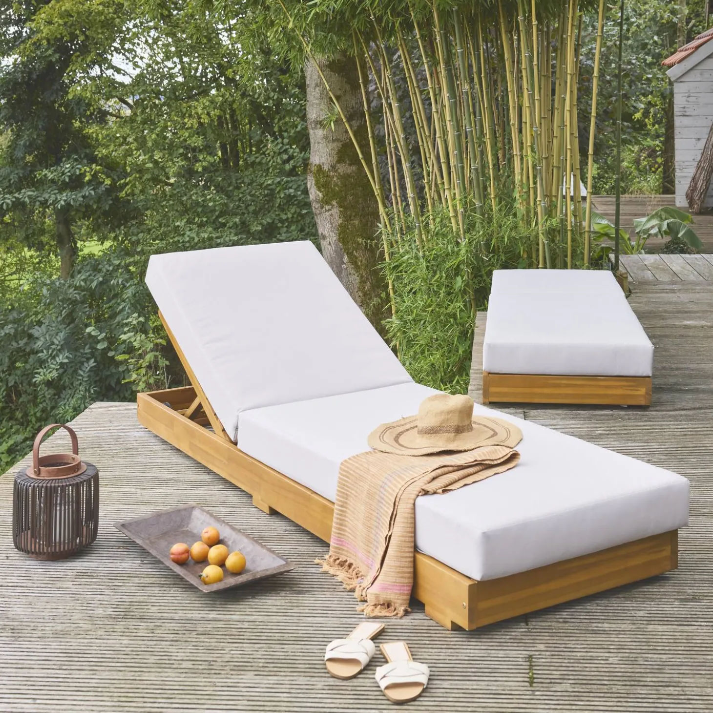 Ligstoelen met meerdere standen en wieltjes acaciahout (set van 2)