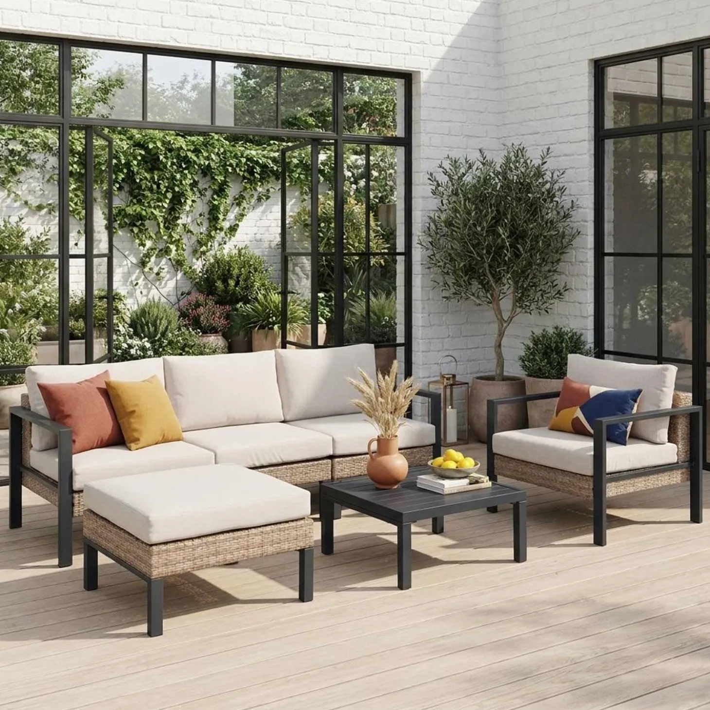 Loungeset, aluminium en wicker, 5-zits