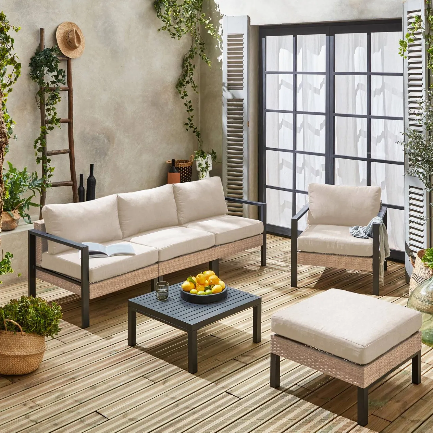 Loungeset, aluminium en wicker, 5-zits