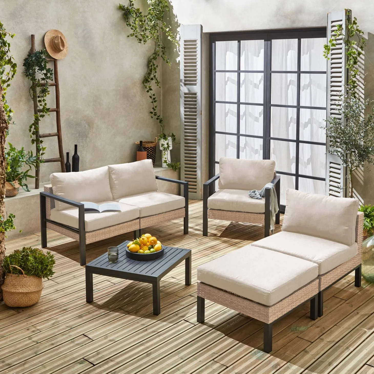 Loungeset, aluminium en wicker, 5-zits