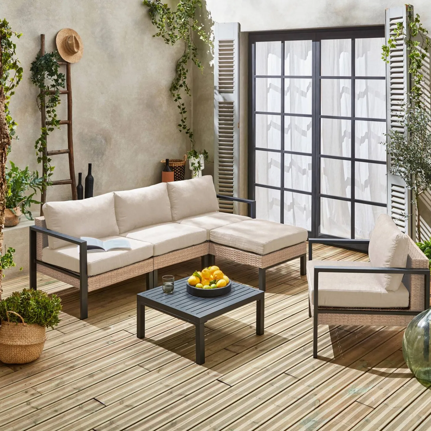 Loungeset, aluminium en wicker, 5-zits