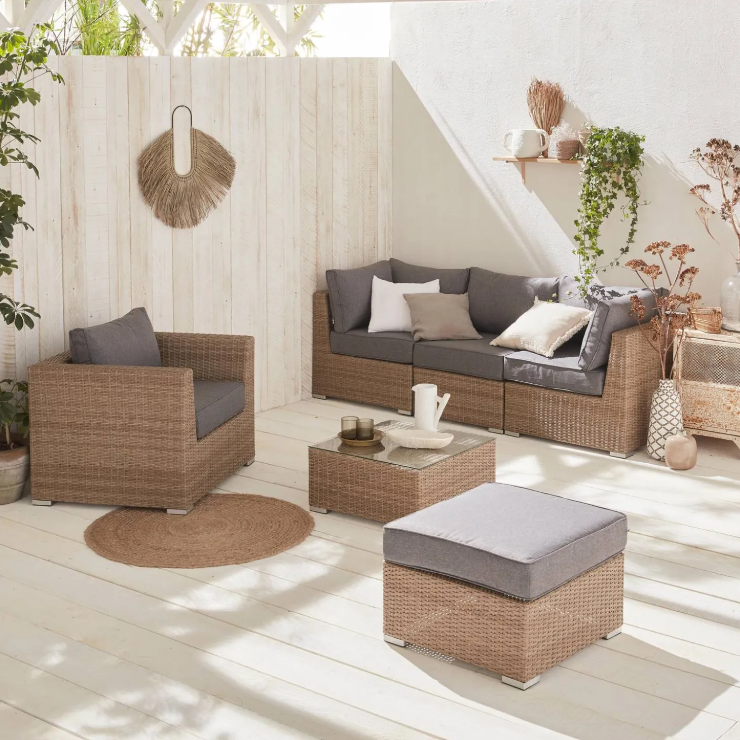 Loungeset 5 plaatsen, rond wicker