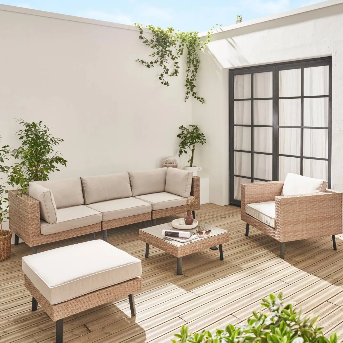 Loungeset plat wicker, 5 plaatsen