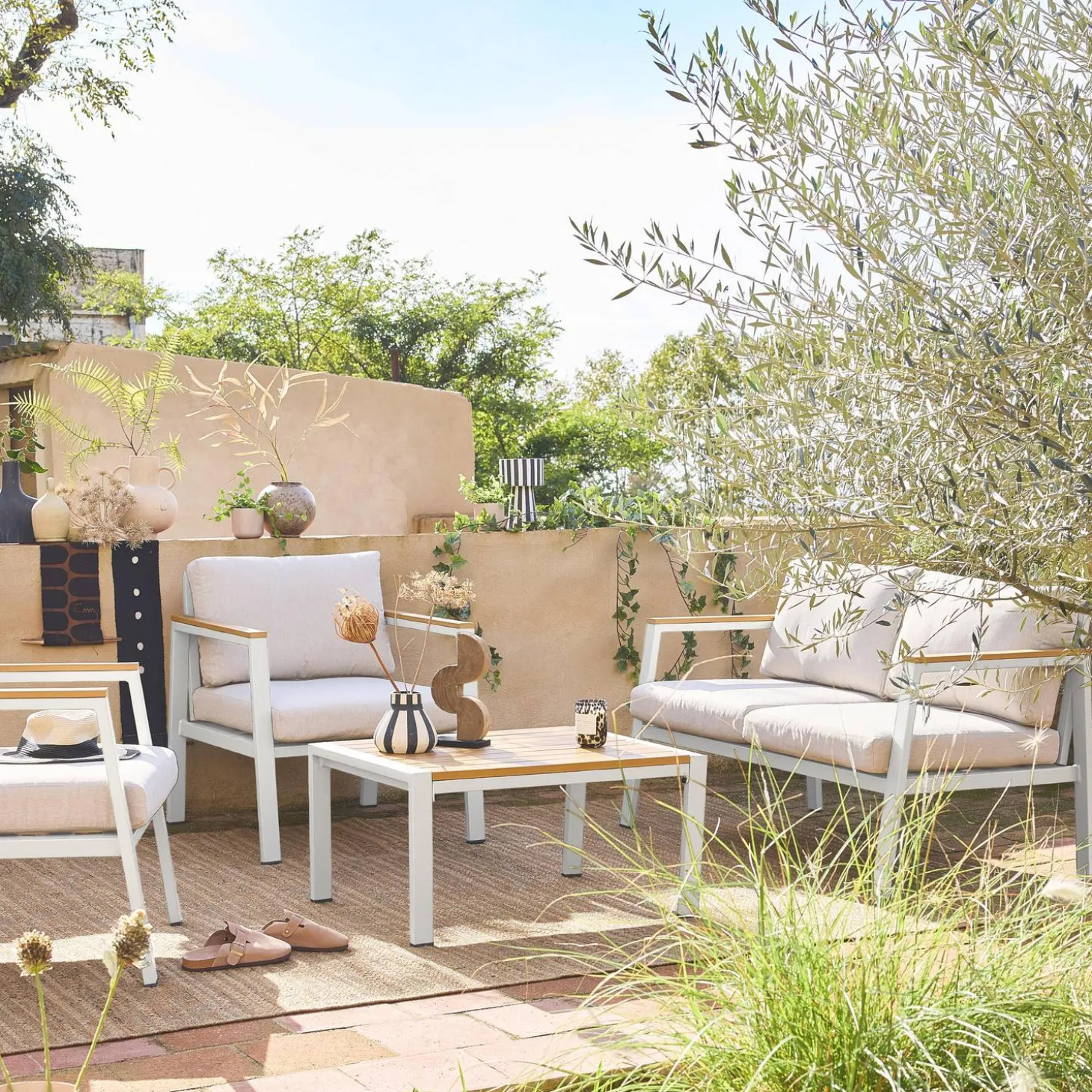 Loungeset, 4-zits, 1 bank, 2 fauteuils, 1 salontafel