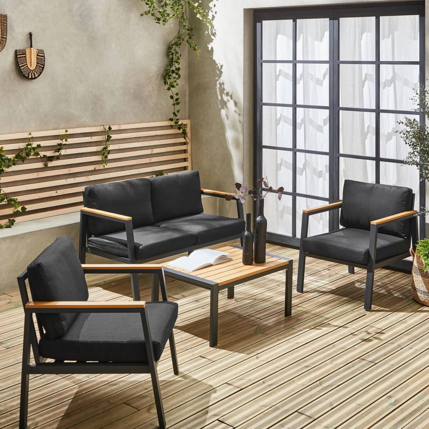 Loungeset, 4-zits, 1 bank, 2 fauteuils, 1 salontafel