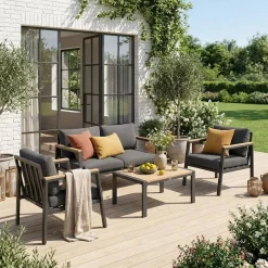 Loungeset, 4-zits, 1 bank, 2 fauteuils, 1 salontafel