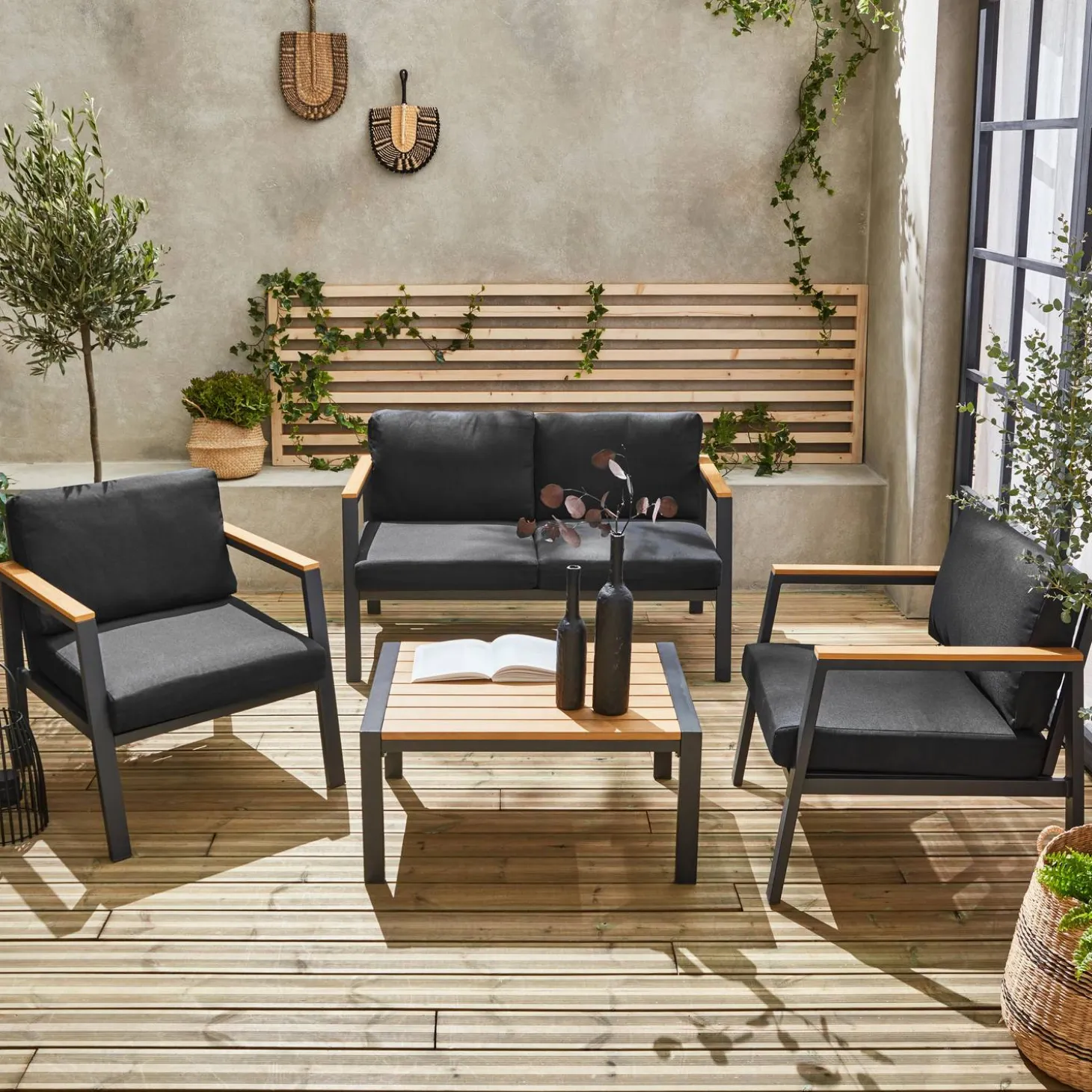 Loungeset, 4-zits, 1 bank, 2 fauteuils, 1 salontafel