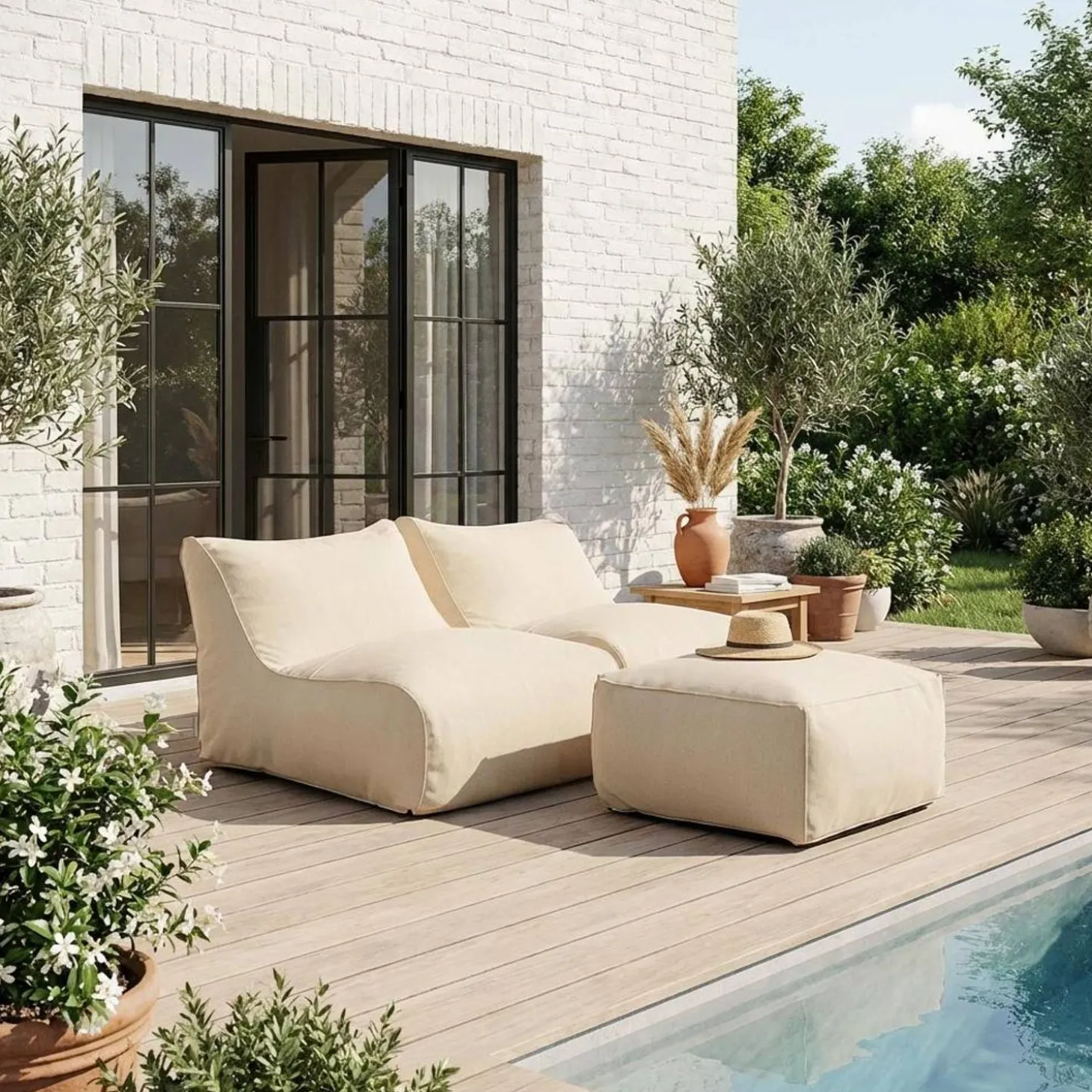 2 loungestoelen en poef voor buiten olefine