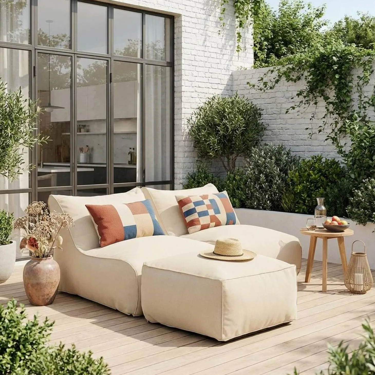 2 loungestoelen en poef voor buiten olefine